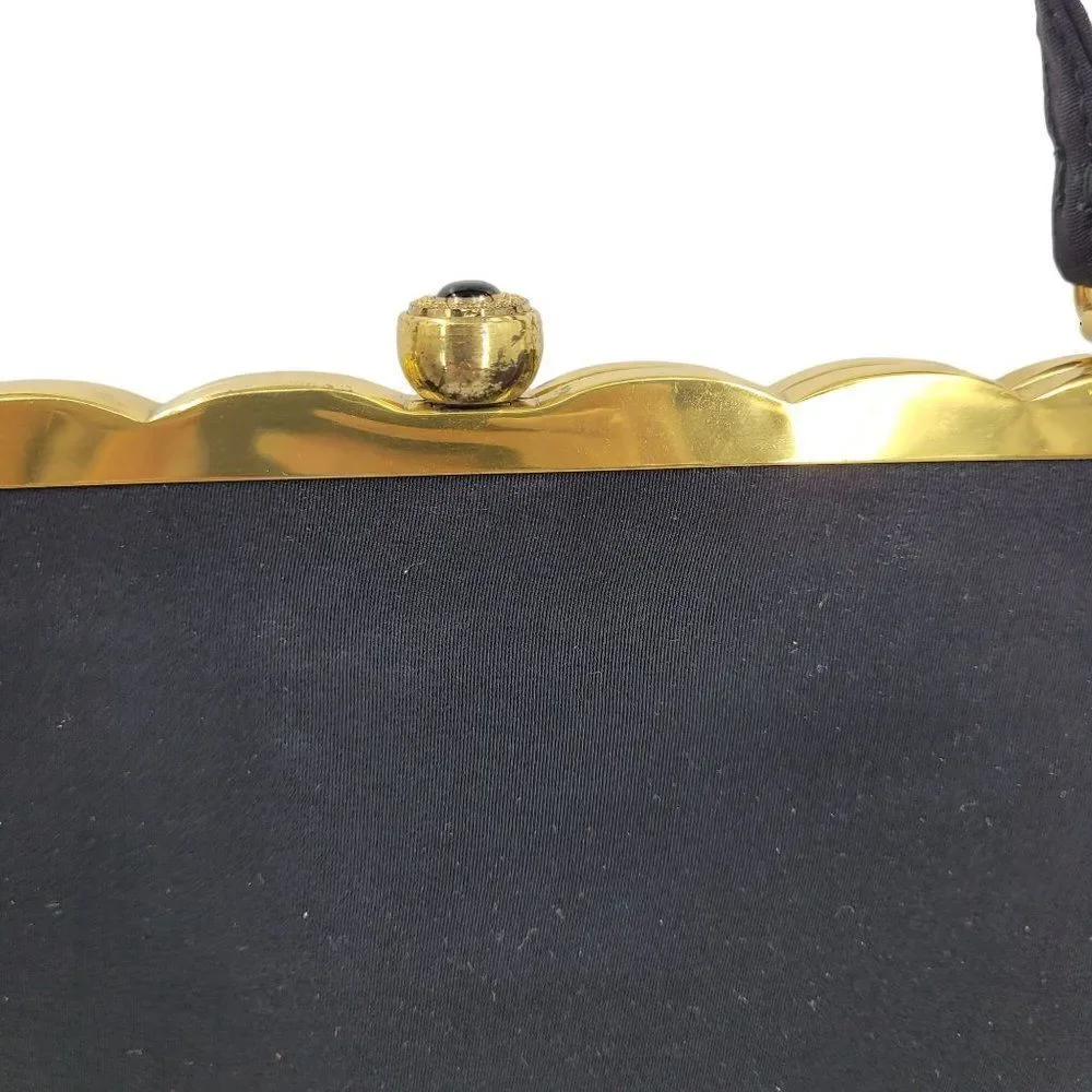 Vintage 60s Formal Evening Bag Black Gold Scalloped Trim Push Lock Clasp USA‎